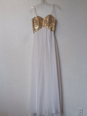 Faviana Gold Sequin Bust White Maxi Dress